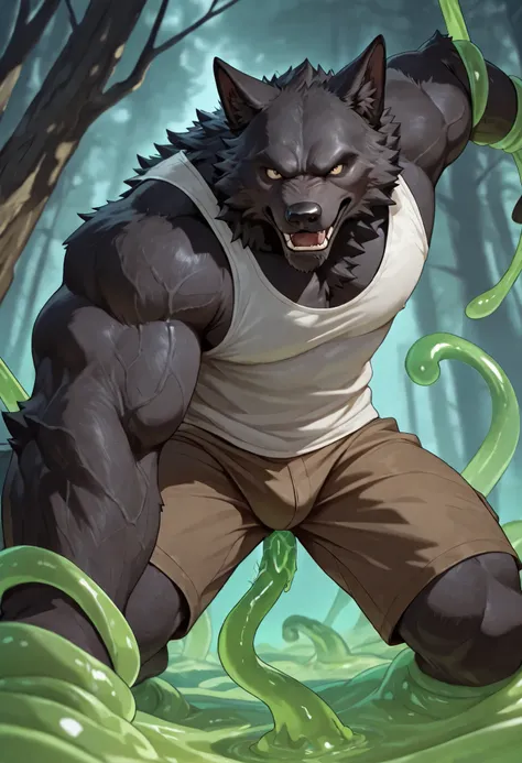 realistic, real shadow and light,depth of field, looking at the viewer, Athletic body, strong arm and veins, commission for high res, anthropomorphic, there is a black wolf, dark fur, fluffy, bara furry, pointy nose, wearing white tank top and brown shorts...