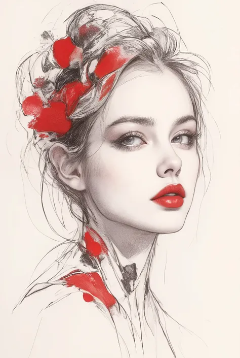 Monochrome ink painting , Pen sketch , gentle brushstrokes , and the pen draws delicate lines , Fluid Action , Subtle shades of paint , elegant posture , gentle expression , things to draw、with an emphasis on simplicity and restraint、focuses on delic...