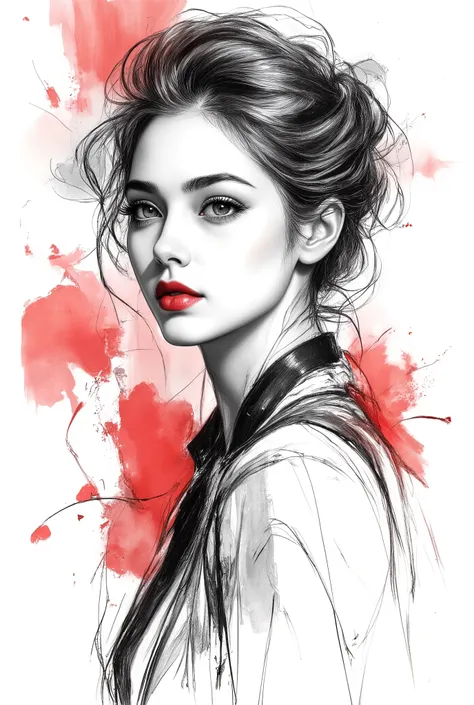 Monochrome ink painting , Pen sketch , gentle brushstrokes , and the pen draws delicate lines , Fluid Action , Subtle shades of paint , elegant posture , gentle expression , things to draw、with an emphasis on simplicity and restraint、focuses on delic...