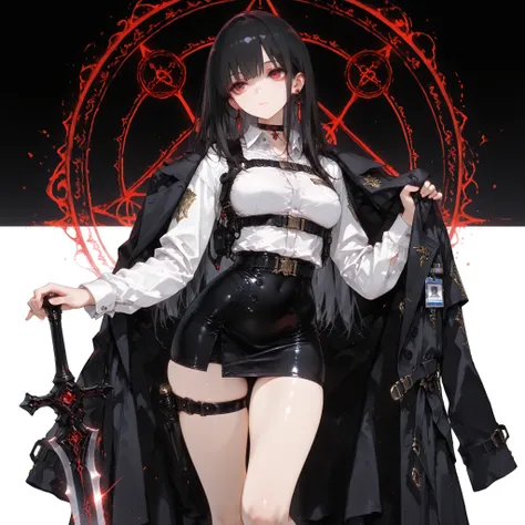 ((best quality)), ((masterpieces)), (detailed), Perfect face, SOLO, ((1 girl)), ANIME, beautiful detailed eyes, long hair, long straight hair, black hair, RED EYES, BARE thighs, (((BARE LEG))), ((black tight-fitting Mini office skirt)), (((dress shirt))), ...