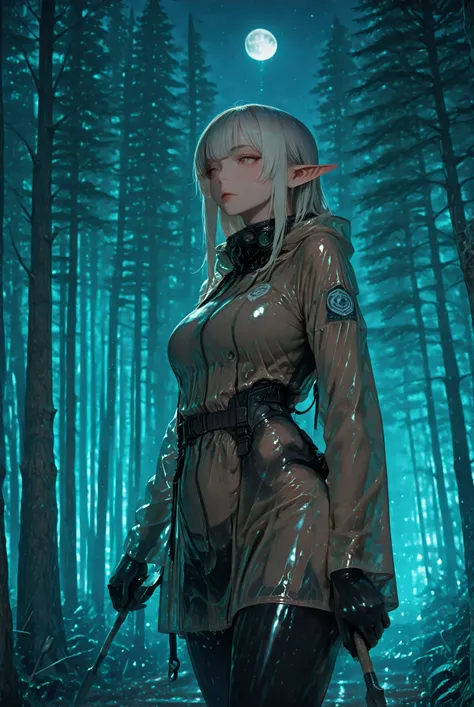 a combat squad of four elf girls in latex suits and raincoats, holding battle bows and arrows, Forest Landscape, Night, moonlight, magic effects, high quality, 8K, detailed, realistic, фотоrealistic, physically-adjusted rendering, professional, bright colo...