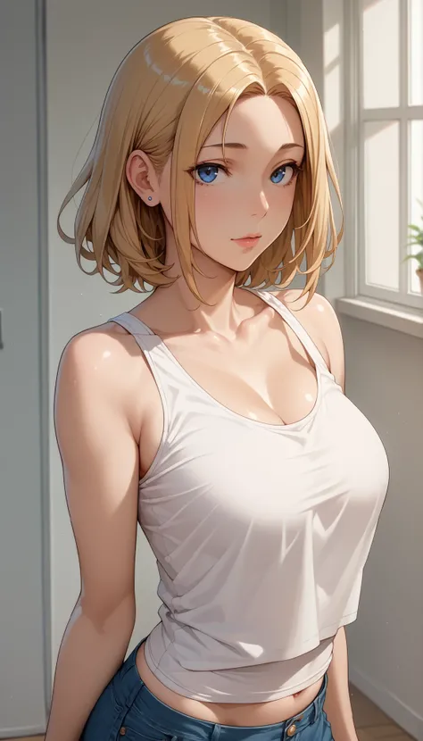masterpiece, top quality, very aesthetic, very high definition, hi-res, Kyoka Tachibana, Low Ban, white tank top, bodies, solo, shiny skin, skindentation,