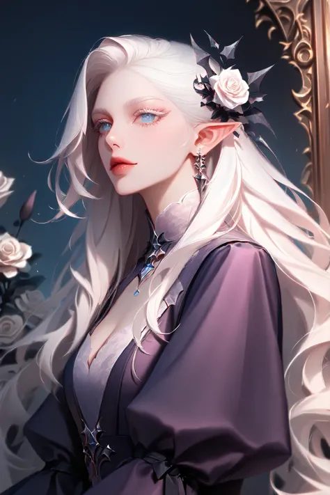 Beautiful Vampire Queen, long white hair, gothic style, white rose in hair, white eyelashes, blue eyes, beautiful ornate purple dress, masterpiece, best quality,absurdres , digital art style, drawn aesthetic, concept painting, ultrahigh definition,masterpi...