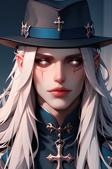 A portrait of a fashionable male, long white hair, white eyes, scar, rendered with detailed linework and a monochromatic color palette of black, white and dark blue, featuring a fedora hat and cross accessories.,masterpiece, best quality,absurdres , master...