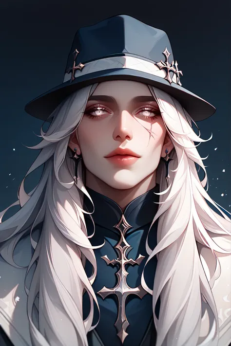 A portrait of a fashionable male, long white hair, white eyes, scar, rendered with detailed linework and a monochromatic color palette of black, white and dark blue, featuring a fedora hat and cross accessories.,masterpiece, best quality,absurdres , master...