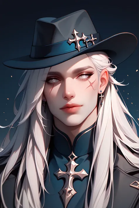 A portrait of a fashionable male, long white hair, white eyes, scar, rendered with detailed linework and a monochromatic color palette of black, white and dark blue, featuring a fedora hat and cross accessories.,masterpiece, best quality,absurdres , master...