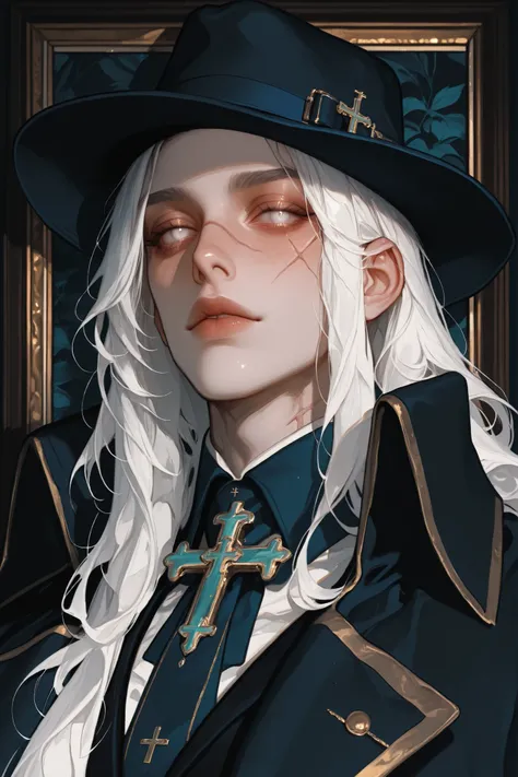 A portrait of a fashionable male, long white hair, white eyes, scar, rendered with detailed linework and a monochromatic color palette of black, white and dark blue, featuring a fedora hat and cross accessories.,masterpiece, best quality,absurdres , master...