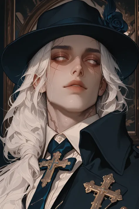 A portrait of a fashionable male, long white hair, white eyes, scar, rendered with detailed linework and a monochromatic color palette of black, white and dark blue, featuring a fedora hat and cross accessories.,masterpiece, best quality,absurdres , master...