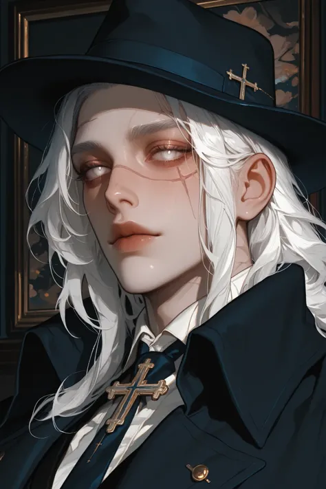 A portrait of a fashionable male, long white hair, white eyes, scar, rendered with detailed linework and a monochromatic color palette of black, white and dark blue, featuring a fedora hat and cross accessories.,masterpiece, best quality,absurdres , master...