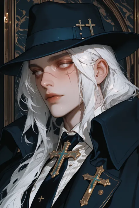 A portrait of a fashionable male, long white hair, white eyes, scar, rendered with detailed linework and a monochromatic color palette of black, white and dark blue, featuring a fedora hat and cross accessories.,masterpiece, best quality,absurdres , master...