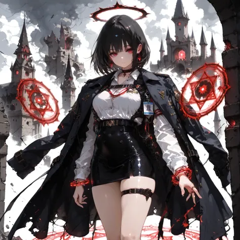 ((best quality)), ((masterpieces)), (detailed), Perfect face, SOLO, ((1 girl)), ANIME, beautiful detailed eyes, BOB hair, BOBed hair, black hair, RED EYES, BARE thighs, (((BARE LEG))), ((black tight-fitting Mini office skirt)), (((dress shirt))), ((Medium ...