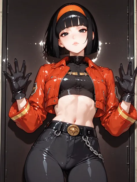 One girl、masterpiece、top quality、uncensored、32k、masterpiece、full five fingers, pan xeno, short hair, bangs, black hair, gloves, navel, jacket, hairband, open clothes, black gloves, midriff, belt, pants, blunt bangs, black eyes, crop top, black shirt, red j...