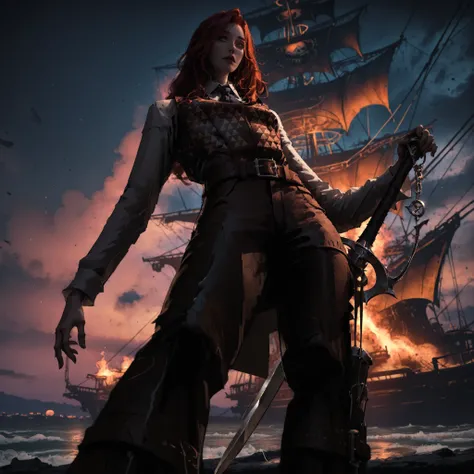 artist: wlop, masterpiece, best quality, illustration,( a woman with pale skin and freckles), brown red hair, wavy medium length hair, green eyes, detailed face, wearing pirate clothing, brown leather pants, simple cream dress shirt, patterned leather vest...
