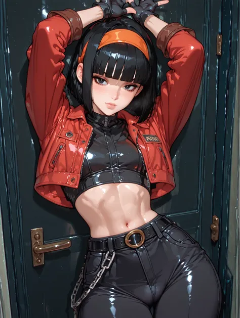 One girl、masterpiece、top quality、uncensored、32k、masterpiece、full five fingers, pan xeno, short hair, bangs, black hair, gloves, navel, jacket, hairband, open clothes, black gloves, midriff, belt, pants, blunt bangs, black eyes, crop top, black shirt, red j...