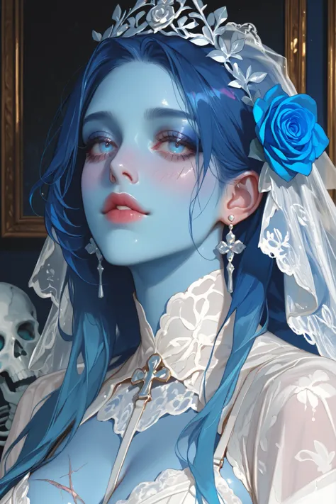 A detailed anime-style portrait of a girl with vibrant blue skin, styled as a Day of the Dead bride, adorned with intricate blue roses, white lace, and a detailed skeleton-like embellishment. Deep blue hair, large striking blue eyes, and delicate makeup w...