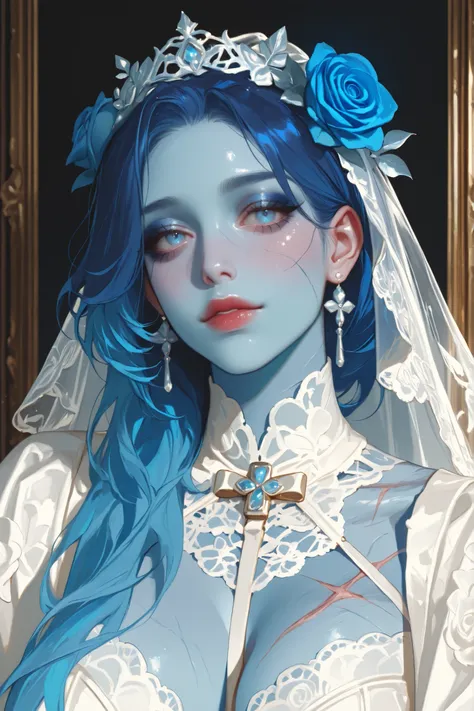 A detailed anime-style portrait of a girl with vibrant blue skin, styled as a Day of the Dead bride, adorned with intricate blue roses, white lace, and a detailed skeleton-like embellishment. Deep blue hair, large striking blue eyes, and delicate makeup w...
