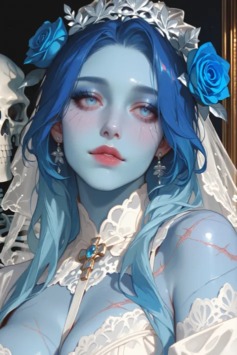 A detailed anime-style portrait of a girl with vibrant blue skin, styled as a Day of the Dead bride, adorned with intricate blue roses, white lace, and a detailed skeleton-like embellishment. Deep blue hair, large striking blue eyes, and delicate makeup w...