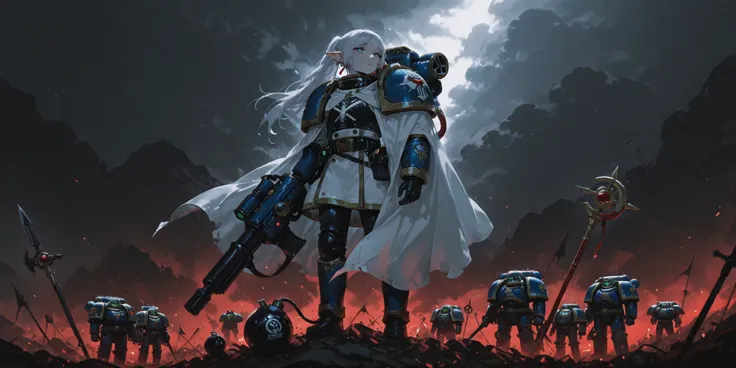 Frieren,The Elf Mage Freelian，wearing a huge Warhammer 40k Blue Extreme Warrior Power Armor，stands on a grim, dark battlefield。Her iconic white long double ponytail hangs down from the back，, looks calm and melancholy，in contrast to her scarred armor。She h...
