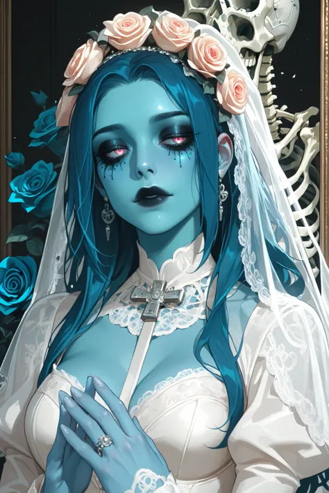masterpiece, beautiful, anime girl, blue skin, blue hair, long hair, dia de los muertos, gothic, bride, veil, lace, roses, skeleton hands, intricate details, highly detailed,