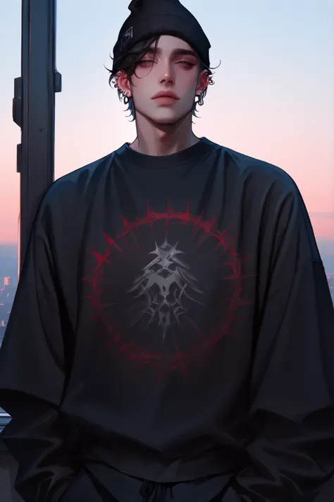 1boy, male focus, gothic male, black hair, piercings, beanie, masterpiece, best quality,absurdres , digital art style, drawn aesthetic, concept painting, ultrahigh definition,masterpiece, best quality, amazing quality, newest, very aesthetic,