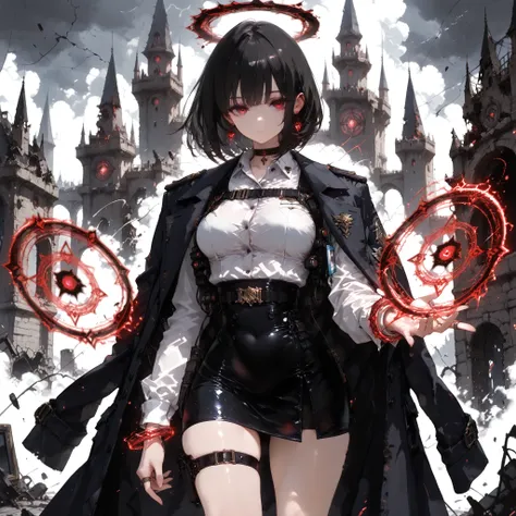 ((best quality)), ((masterpieces)), (detailed), Perfect face, SOLO, ((1 girl)), ANIME, beautiful detailed eyes, BOB hair, BOBed hair, black hair, RED EYES, BARE thighs, (((BARE LEG))), ((black tight-fitting Mini office skirt)), (((dress shirt))), ((Medium ...