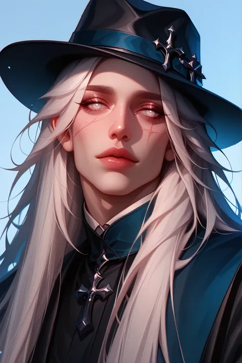 A portrait of a fashionable male, long white hair, white eyes, scar, rendered with detailed linework and a monochromatic color palette of black, white and dark blue, featuring a fedora hat and cross accessories.,masterpiece, best quality,absurdres , master...