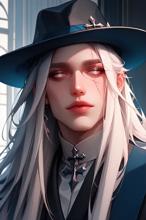 A portrait of a fashionable male, long white hair, white eyes, scar, rendered with detailed linework and a monochromatic color palette of black, white and dark blue, featuring a fedora hat and cross accessories.,masterpiece, best quality,absurdres , master...