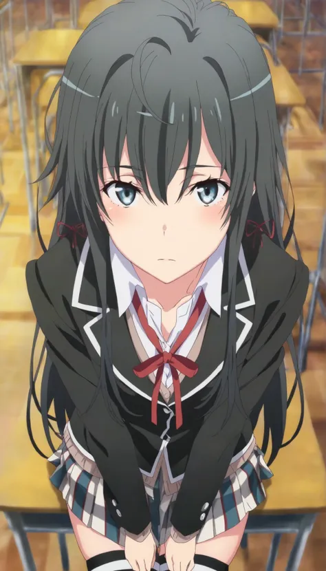 masterpiece, best quality, very detailed, , masterpiece, best quality, eyelashes, (Beautiful Eyes), cowboy shot, anime, Official Illustration, from above,,1girl, solo, standing yukinoshita yukino, blue eyes , black hair,,long hair, sobu high school unifo...