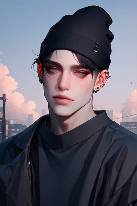 1boy, male focus, gothic male, black hair, piercings, beanie, masterpiece, best quality,absurdres , digital art style, drawn aesthetic, concept painting, ultrahigh definition,masterpiece, best quality, amazing quality, newest, very aesthetic,