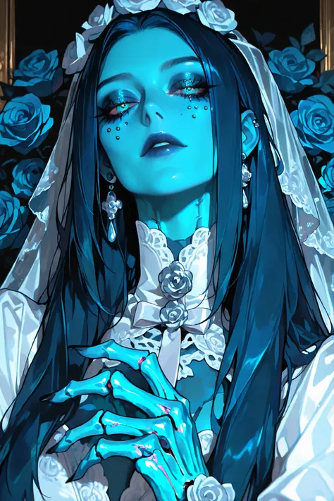 masterpiece, beautiful, anime girl, blue skin, blue hair, long hair, dia de los muertos, gothic, bride, veil, lace, roses, skeleton hands, intricate details, highly detailed,