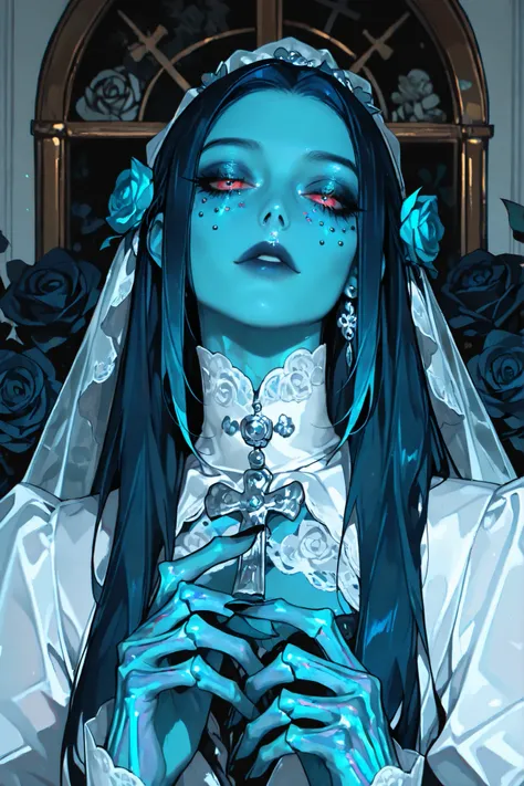 masterpiece, beautiful, anime girl, blue skin, blue hair, long hair, dia de los muertos, gothic, bride, veil, lace, roses, skeleton hands, intricate details, highly detailed,