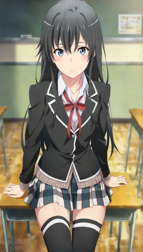 masterpiece, best quality, very detailed, , masterpiece, best quality, eyelashes, (Beautiful Eyes), cowboy shot, anime, Official Illustration, from above,,1girl, solo, standing yukinoshita yukino, blue eyes , black hair,,long hair, sobu high school unifo...