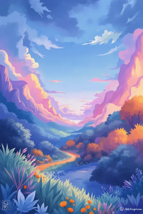 Background for colorful post, landscape main color blue, purple, pink, orange with plain center