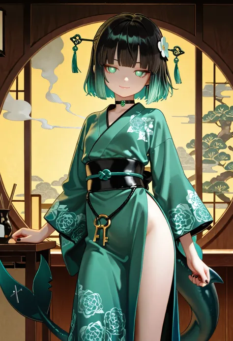 1girl, mint green eyes, jitome, Black Hair, green gradient hair, blunt bangs, black shark tail, small Breast, choker, bare legs, black nails, masterpiece, best quality, Perfect details, perfect composition, Perfect face, Perfect hand, absurdres, newest, ve...