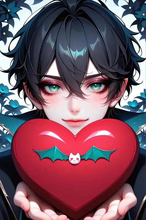  Cute cartoon, close-up of vampire prince /holding big heart cookie in garden of nocturnal flowers, closed green eyes, black hair.