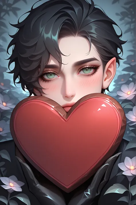  Cute cartoon, close-up of vampire prince /holding big heart cookie in garden of nocturnal flowers, closed green eyes, black hair.