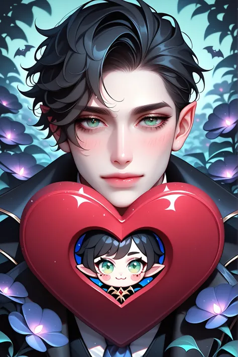  Cute cartoon, close-up of vampire prince /holding big heart cookie in garden of nocturnal flowers, closed green eyes, black hair.