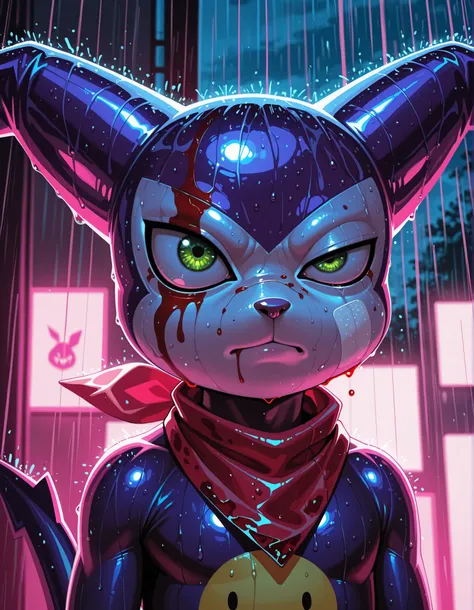 1boy, male, volumetric lighting, masterpiece, best quality, absurdres, newest, perfect quality, best quality, absolutely eye-catching, detailed background, intricate details, realistic,impmon, solo, purple skin, white skin, multicolored skin, tail, green e...