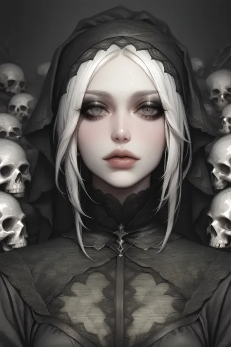 A grayscale, stylized portrait of a gothic doll-like girl, with detailed, textured, white hair, and dark, intricate lace-trimmed clothing.  Her large, expressive eyes, dark eyeliner, and sculpted features create a dramatic, captivating image in a painterly...
