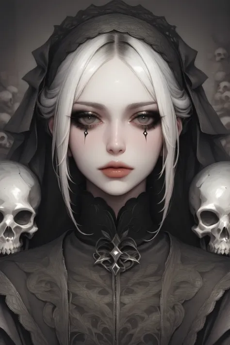 A grayscale, stylized portrait of a gothic doll-like girl, with detailed, textured, white hair, and dark, intricate lace-trimmed clothing.  Her large, expressive eyes, dark eyeliner, and sculpted features create a dramatic, captivating image in a painterly...