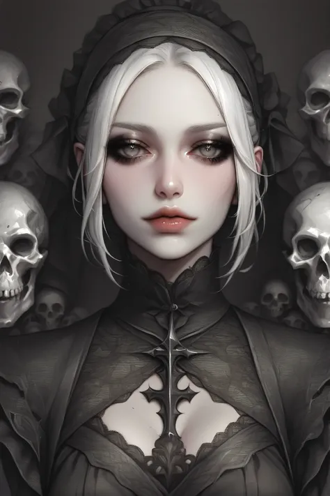 A grayscale, stylized portrait of a gothic doll-like girl, with detailed, textured, white hair, and dark, intricate lace-trimmed clothing.  Her large, expressive eyes, dark eyeliner, and sculpted features create a dramatic, captivating image in a painterly...