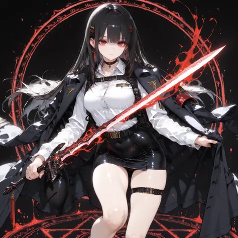 ((best quality)), ((masterpieces)), (detailed), Perfect face, SOLO, ((1 girl)), ANIME, beautiful detailed eyes, long hair, long straight hair, black hair, RED EYES, BARE thighs, (((BARE LEG))), ((black tight-fitting Mini office skirt)), (((dress shirt))), ...
