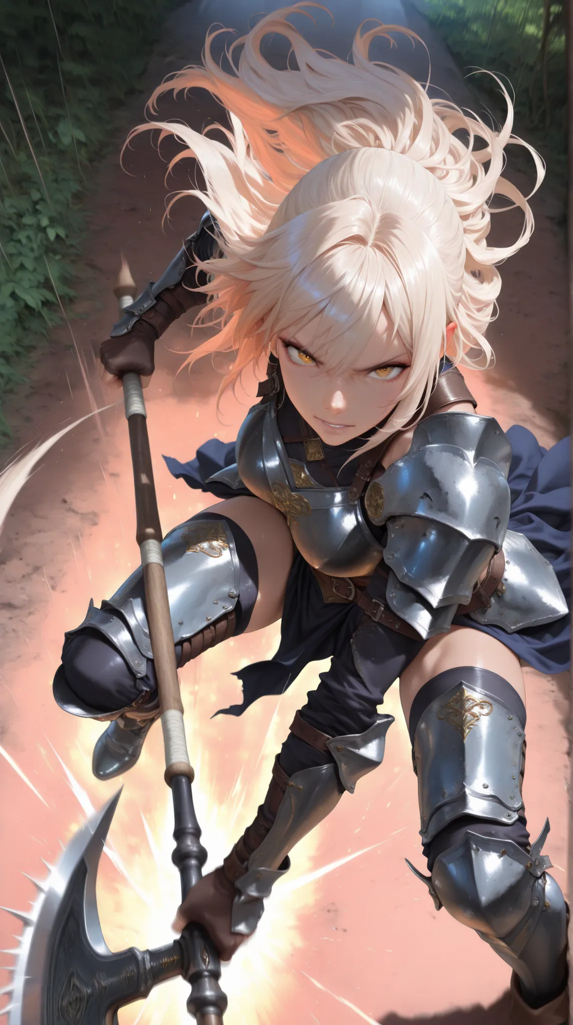 cinematic, (masterpiece), (best quality), (ultra-detailed), very aesthetic, illustration, realistic illustration, perfect composition, intricate details, absurdres, (anime, masterpiece, intricate:1.3), (best quality, hires textures, high detail:1.2), (4k),(incredibly detailed:1.4), A strong female warrior swings down a pole axe from above、dynamic motion,motion blur, dramatic action pose, female warrior, muscular, fierce expression, detailed face, intricate weapon, environmental background, dark gritty fantasy, epic scene, professional illustration, highly detailed, 8K, photorealistic, dramatic lighting, rich colors, cinematic