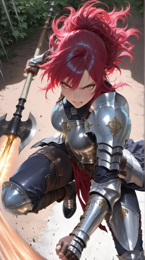 cinematic, (masterpiece), (best quality), (ultra-detailed), very aesthetic, illustration, realistic illustration, perfect composition, intricate details, absurdres, (anime, masterpiece, intricate:1.3), (best quality, hires textures, high detail:1.2), (4k),(incredibly detailed:1.4), A strong female warrior swings down a pole axe from above、dynamic motion,motion blur, dramatic action pose, female warrior, muscular, fierce expression, detailed face, intricate weapon, environmental background, dark gritty fantasy, epic scene, professional illustration, highly detailed, 8K, photorealistic, dramatic lighting, rich colors, cinematic