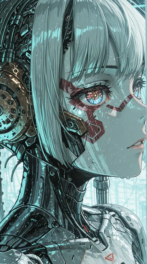 Close up of a woman with a machine head and gears on her face,  cyborg in armor -  , Complex Transhumans, Humanoid Woman, Cyborg Girl, Cyborg woman by Ryohei Hase, Portrait of a Machine Girl, African woman android, female face in a cybernetic machine, Cybe...