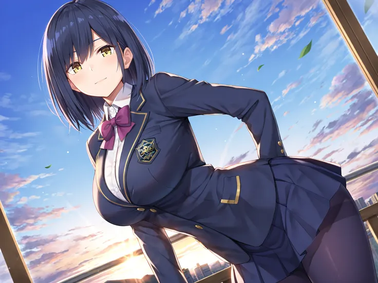 solo,masterpiece,best quality, amazing quality, highres, absurdres, very aesthetic, high resolution, ultra detailed, perfect details,nijirin,large breasts,yellow eyes,blue hair,black hair,moles,medium hair,nijirincos,white shirt,collared shirt,purple bowti...