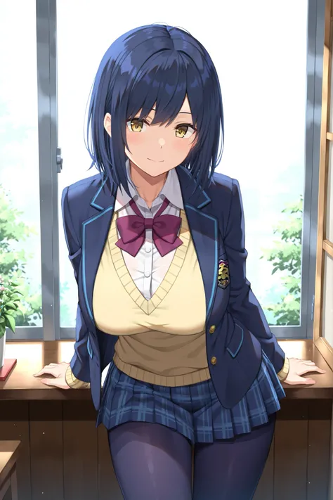 solo,masterpiece,best quality, amazing quality, highres, absurdres, very aesthetic, high resolution, ultra detailed, perfect details,nijirin,large breasts,yellow eyes,blue hair,black hair,moles,medium hair,nijirincos,white shirt,collared shirt,purple bowti...