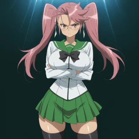 masterpiece, ultra-HD, impressionism, high detail, dynamic lighting, best quality, very aesthetic, 8k, best quality, beautiful, shiny skin, 1girl, solo, saya takagi, long hair, ribbon, twintails, brown eyes, hair ribbon, pink hair, glasses, huge breasts, n...