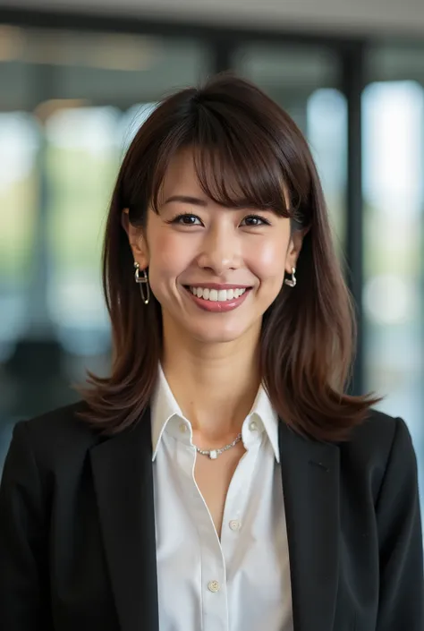 Neat Young Woman、looking at camera、office lady suit、Jacket、shirt、 Ear piercings、necklace、濃いアイシャドゥ、歯を見せた笑顔、、background is office
