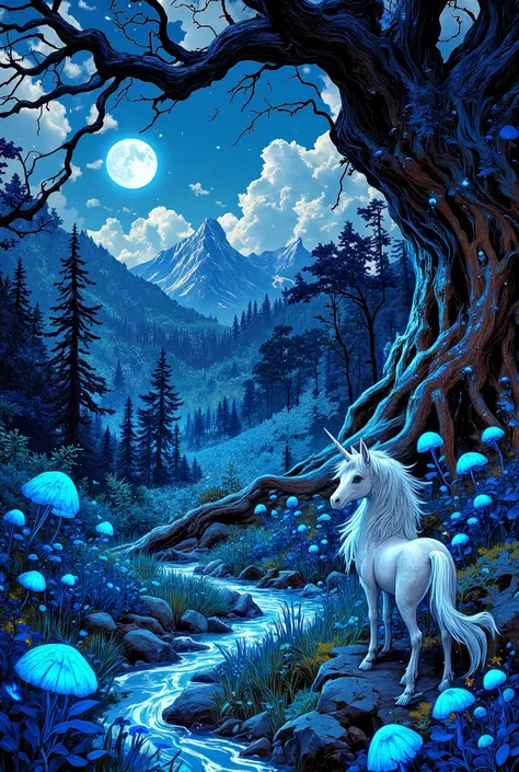 An unearthly fantastic magical forest bathed in moonlight, endless expanses of glowing blue flowers and silvery grass swaying in a light breeze, acidic pulsating mushrooms, fireflies dancing like stars, giant emerald carved ferns silhouettes of ancient gna...